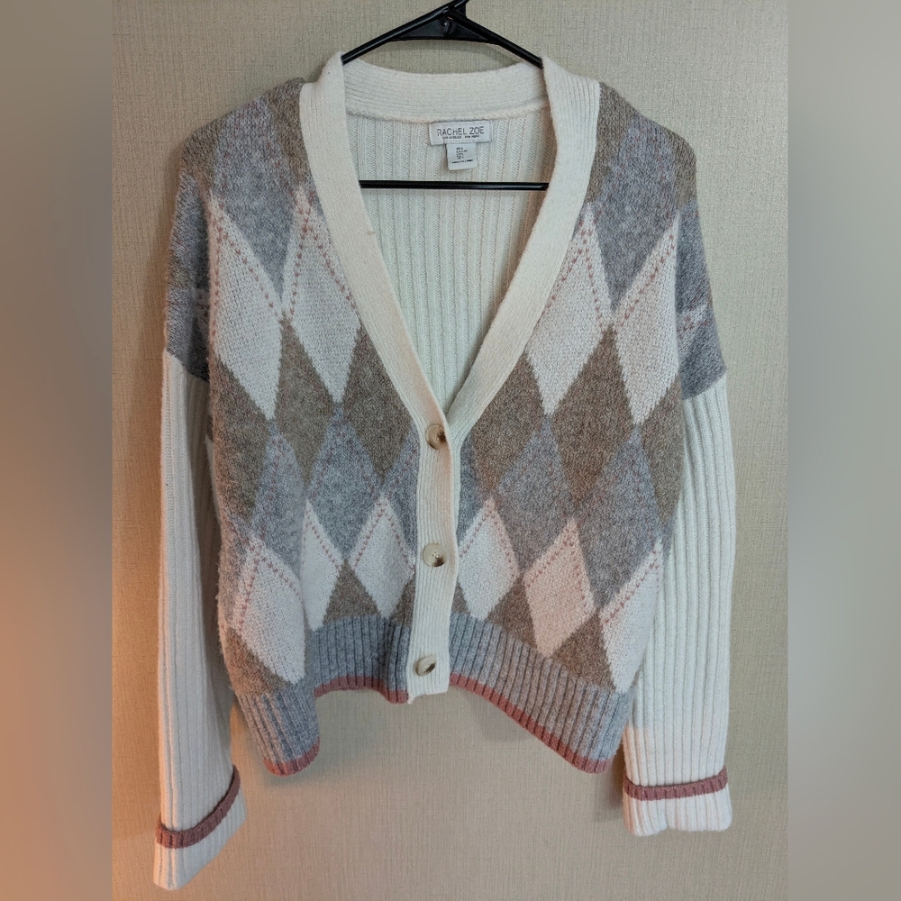 Rachel Zoe Argyle Cardigan - Cream, Gray, Brown